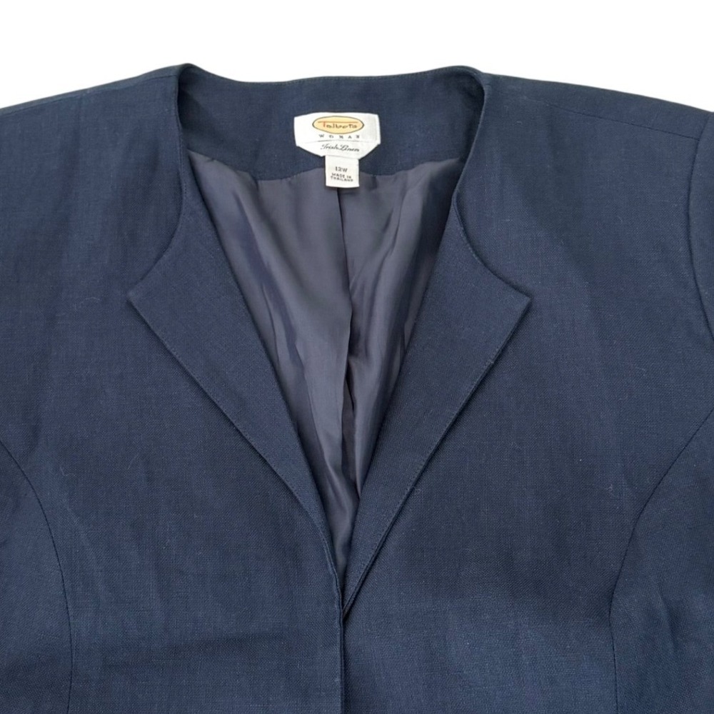 Vintage Talbots Woman Irish Linen Navy Blue Blazer Jacket Open Front Size 12W - Picture 2 of 10